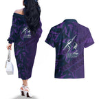Melbourne Storm Rugby Couples Matching Off The Shoulder Long Sleeve Dress and Hawaiian Shirt Fierce Mascot Geometric Tribal Art