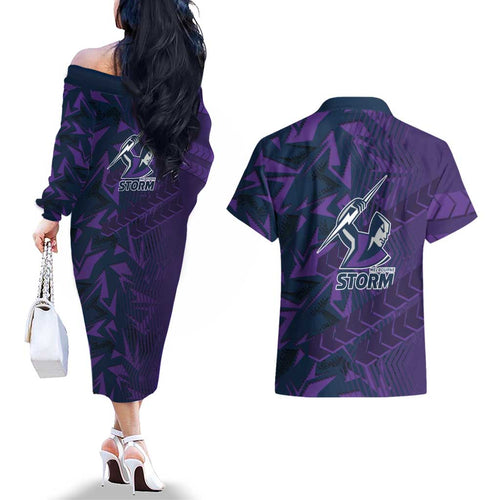 Melbourne Storm Rugby Couples Matching Off The Shoulder Long Sleeve Dress and Hawaiian Shirt Fierce Mascot Geometric Tribal Art