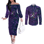 Melbourne Storm Rugby Couples Matching Off The Shoulder Long Sleeve Dress and Long Sleeve Button Shirt Fierce Mascot Geometric Tribal Art