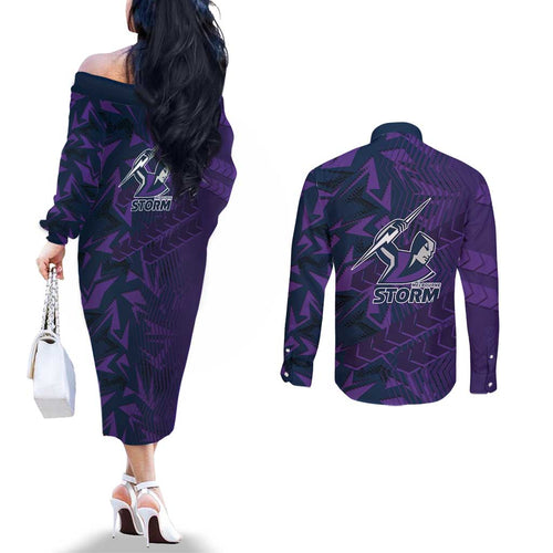 Melbourne Storm Rugby Couples Matching Off The Shoulder Long Sleeve Dress and Long Sleeve Button Shirt Fierce Mascot Geometric Tribal Art