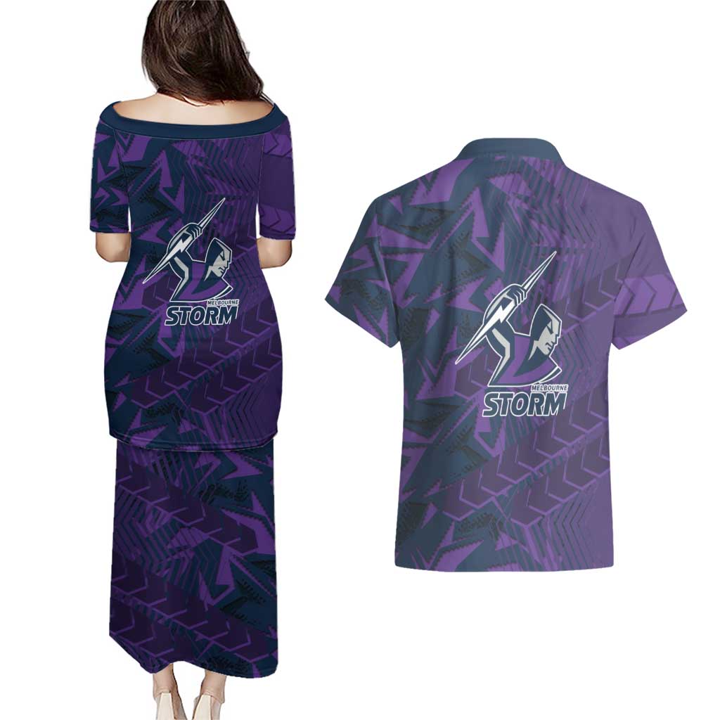 Melbourne Storm Rugby Couples Matching Puletasi and Hawaiian Shirt Fierce Mascot Geometric Tribal Art