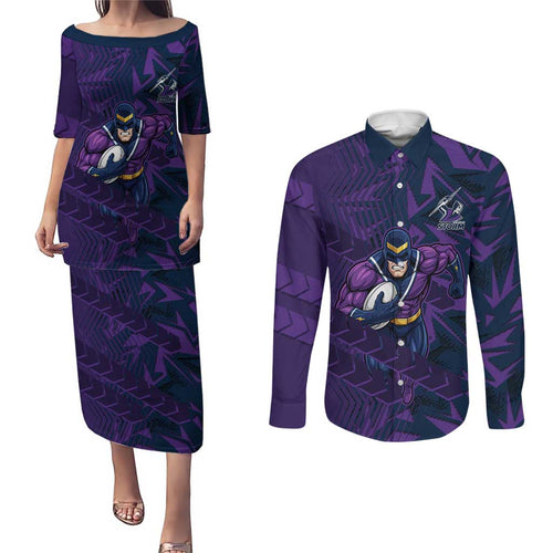 Melbourne Storm Rugby Couples Matching Puletasi and Long Sleeve Button Shirt Fierce Mascot Geometric Tribal Art