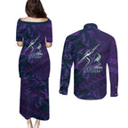 Melbourne Storm Rugby Couples Matching Puletasi and Long Sleeve Button Shirt Fierce Mascot Geometric Tribal Art