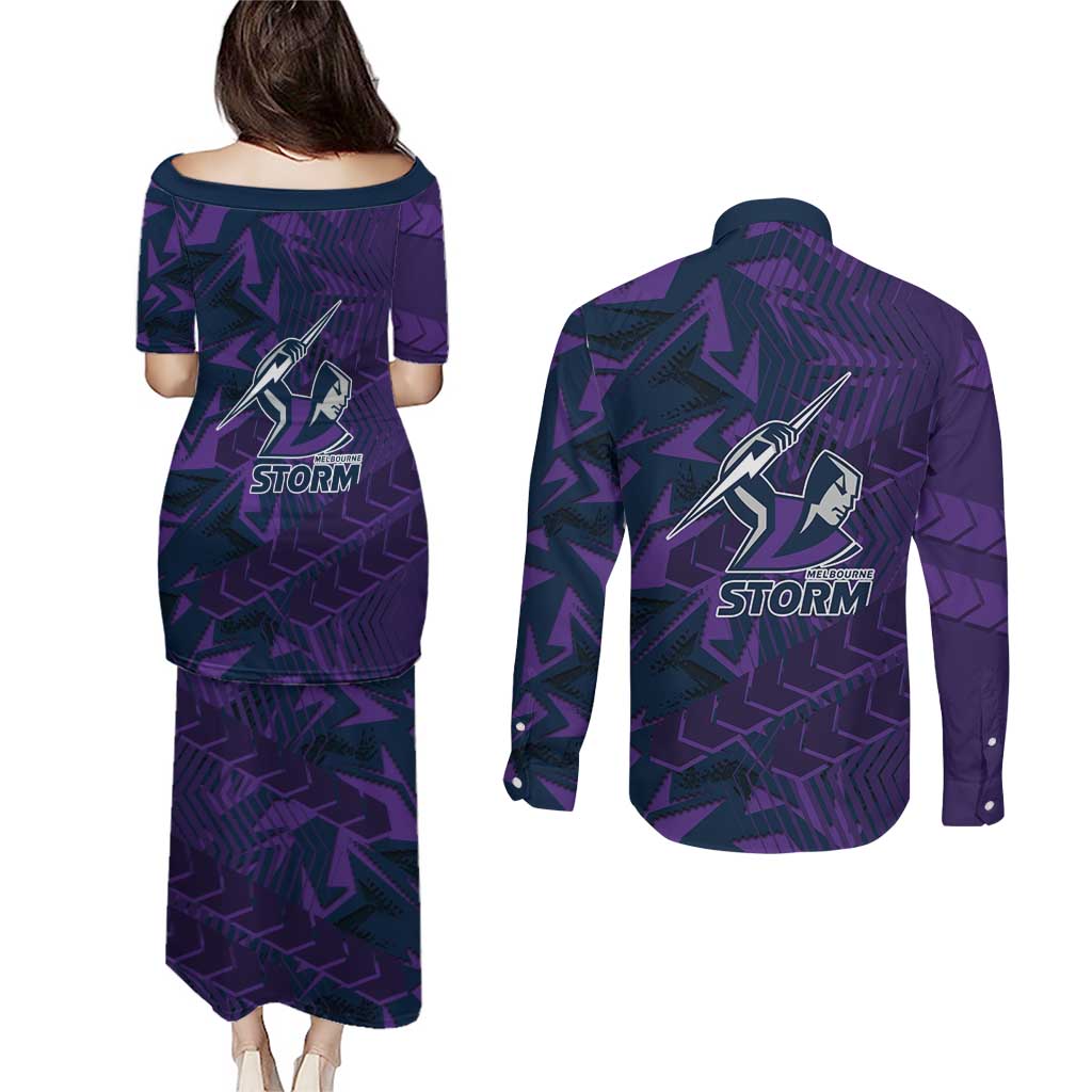 Melbourne Storm Rugby Couples Matching Puletasi and Long Sleeve Button Shirt Fierce Mascot Geometric Tribal Art
