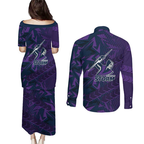 Melbourne Storm Rugby Couples Matching Puletasi and Long Sleeve Button Shirt Fierce Mascot Geometric Tribal Art