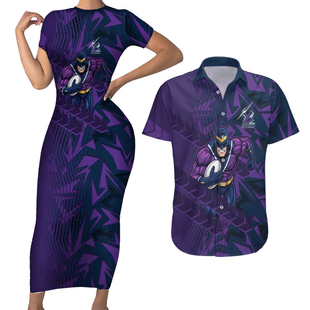 Melbourne Storm Rugby Couples Matching Short Sleeve Bodycon Dress and Hawaiian Shirt Fierce Mascot Geometric Tribal Art