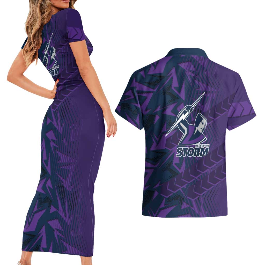 Melbourne Storm Rugby Couples Matching Short Sleeve Bodycon Dress and Hawaiian Shirt Fierce Mascot Geometric Tribal Art