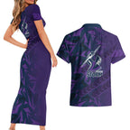 Melbourne Storm Rugby Couples Matching Short Sleeve Bodycon Dress and Hawaiian Shirt Fierce Mascot Geometric Tribal Art