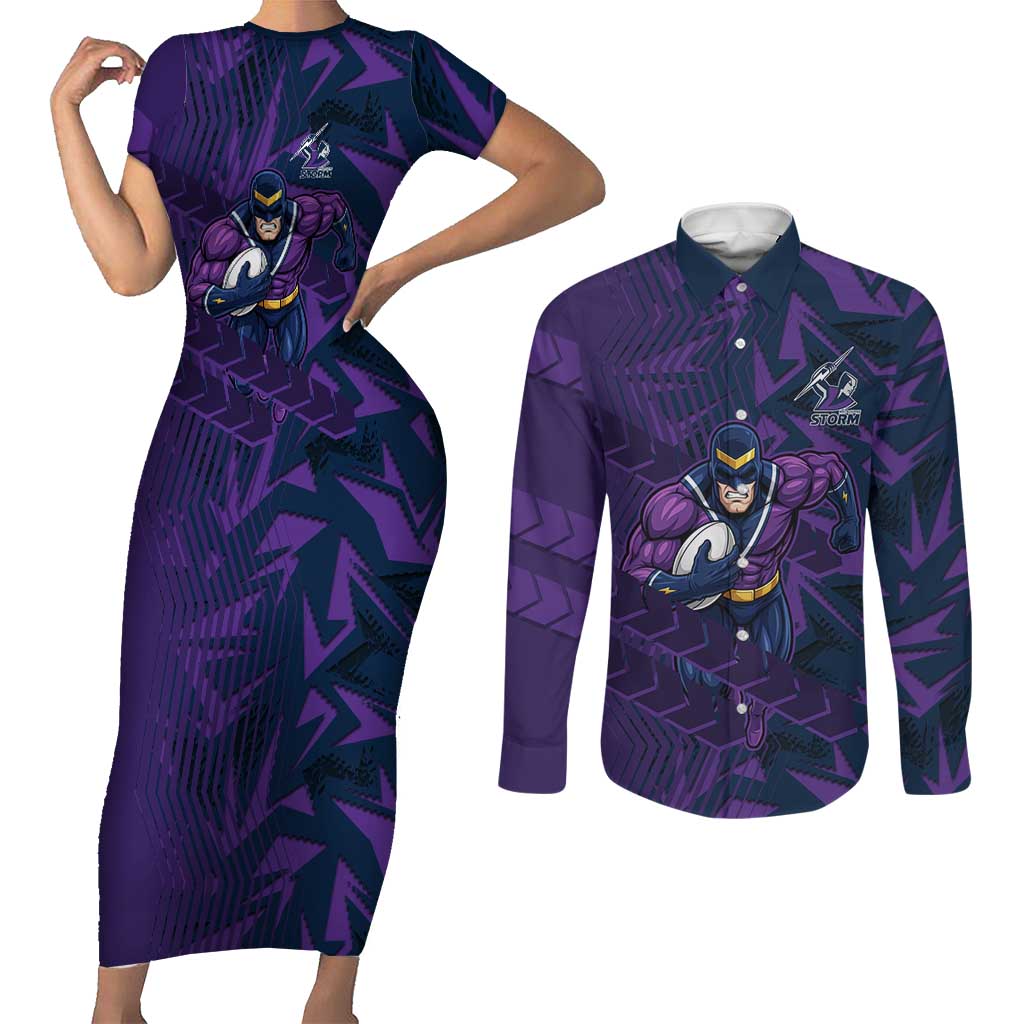Melbourne Storm Rugby Couples Matching Short Sleeve Bodycon Dress and Long Sleeve Button Shirt Fierce Mascot Geometric Tribal Art
