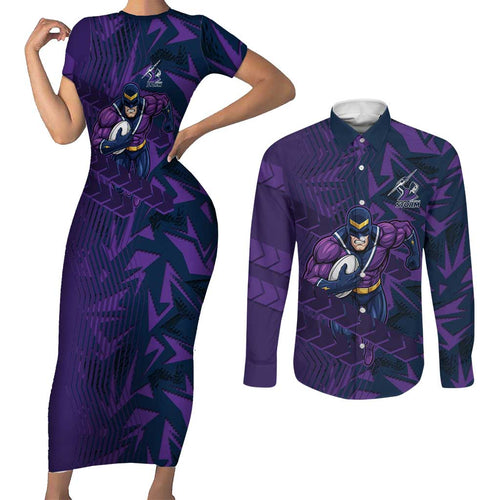 Melbourne Storm Rugby Couples Matching Short Sleeve Bodycon Dress and Long Sleeve Button Shirt Fierce Mascot Geometric Tribal Art