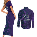 Melbourne Storm Rugby Couples Matching Short Sleeve Bodycon Dress and Long Sleeve Button Shirt Fierce Mascot Geometric Tribal Art