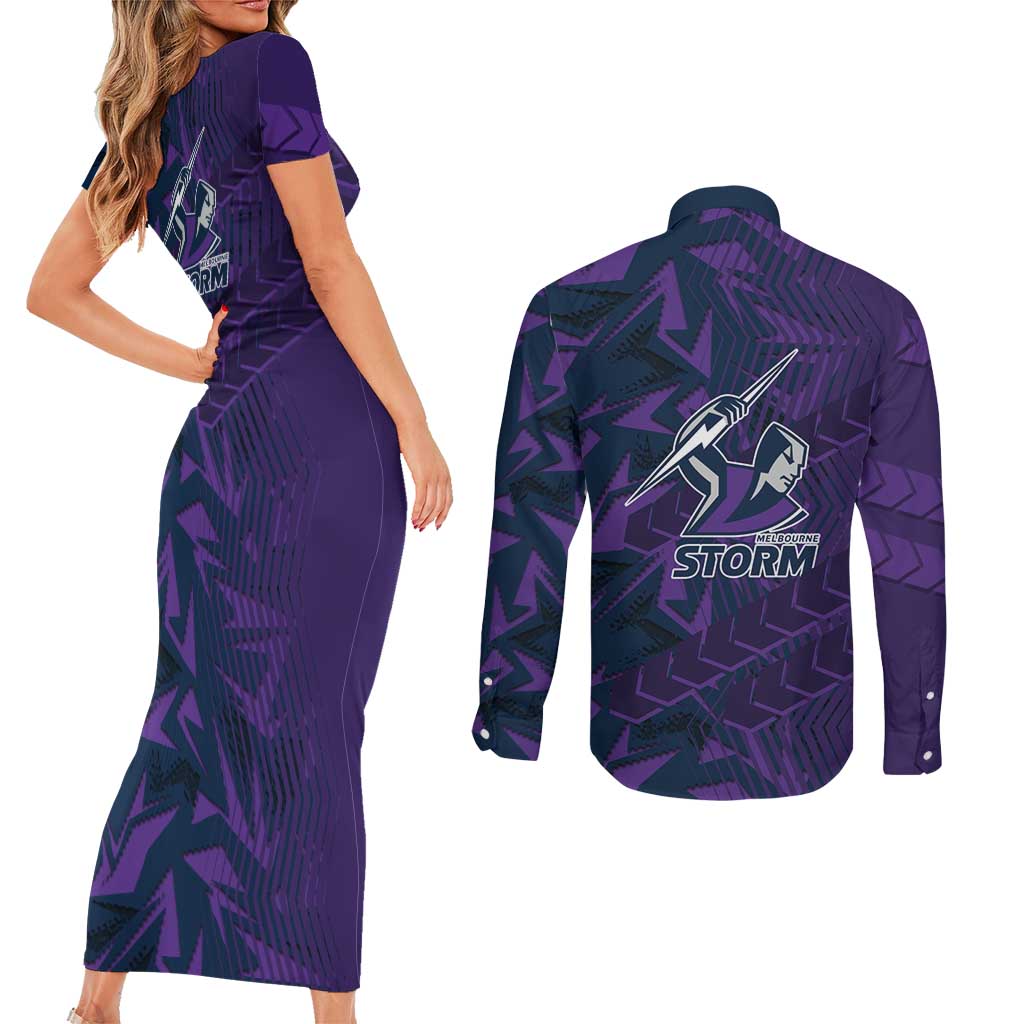 Melbourne Storm Rugby Couples Matching Short Sleeve Bodycon Dress and Long Sleeve Button Shirt Fierce Mascot Geometric Tribal Art