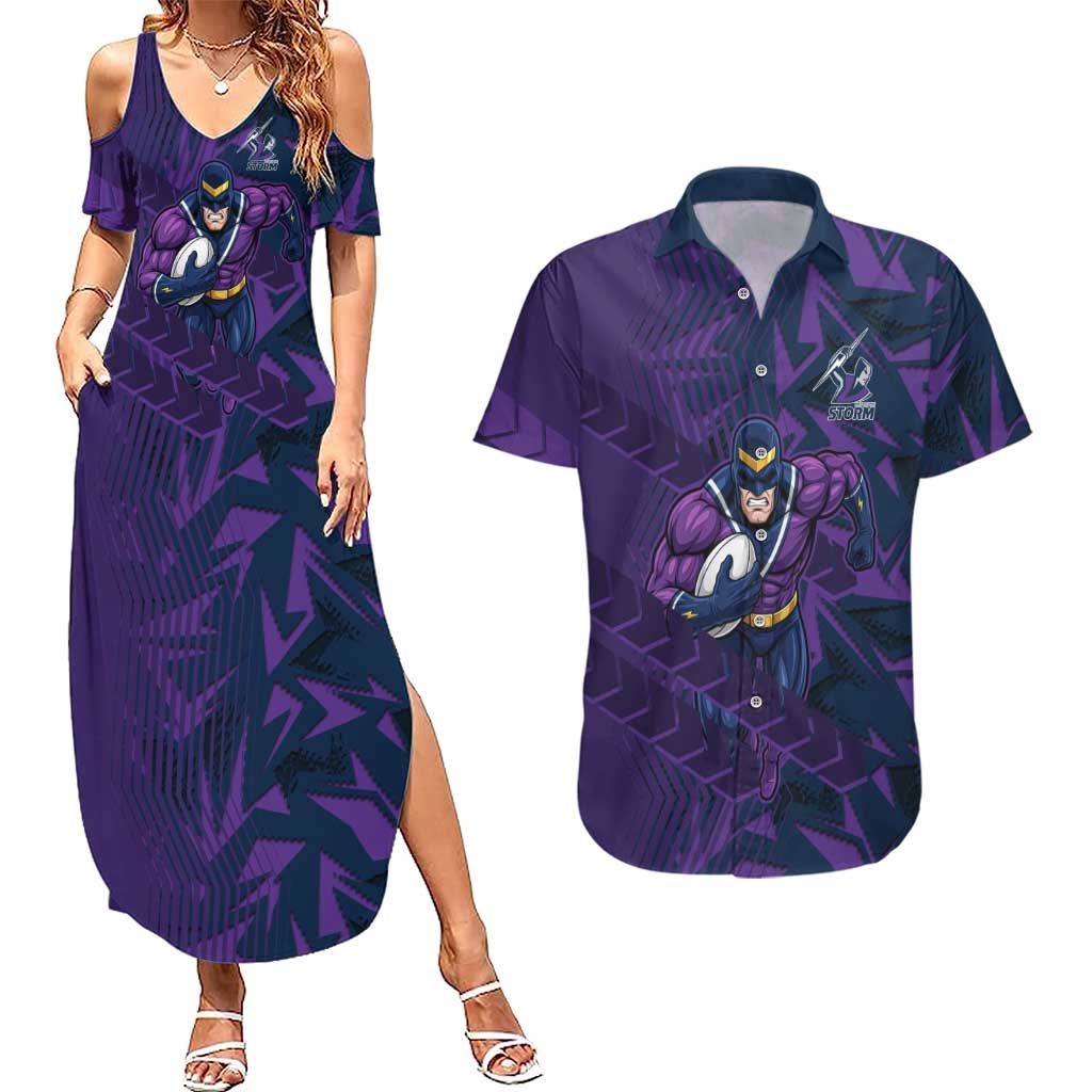 Melbourne Storm Rugby Couples Matching Summer Maxi Dress and Hawaiian Shirt Fierce Mascot Geometric Tribal Art