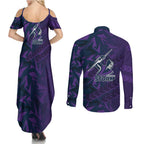 Melbourne Storm Rugby Couples Matching Summer Maxi Dress and Long Sleeve Button Shirt Fierce Mascot Geometric Tribal Art