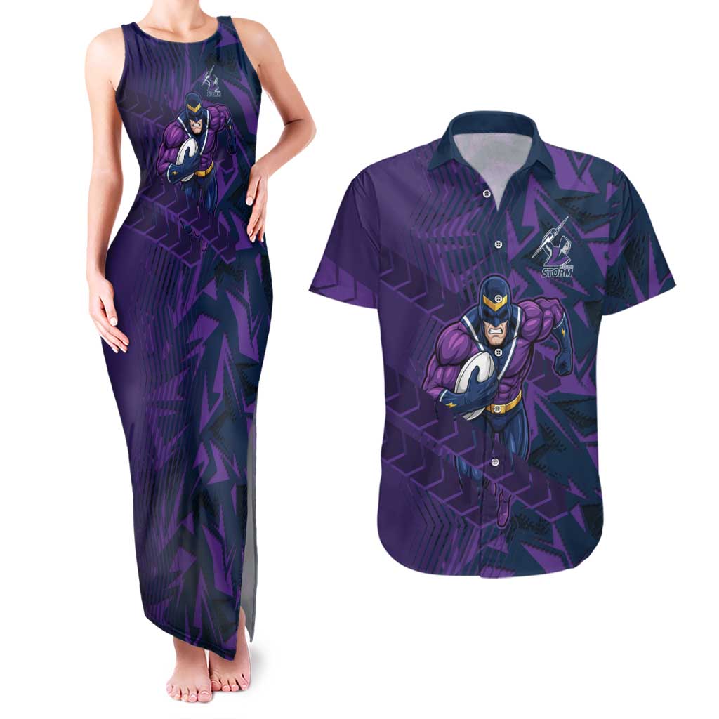 Melbourne Storm Rugby Couples Matching Tank Maxi Dress and Hawaiian Shirt Fierce Mascot Geometric Tribal Art