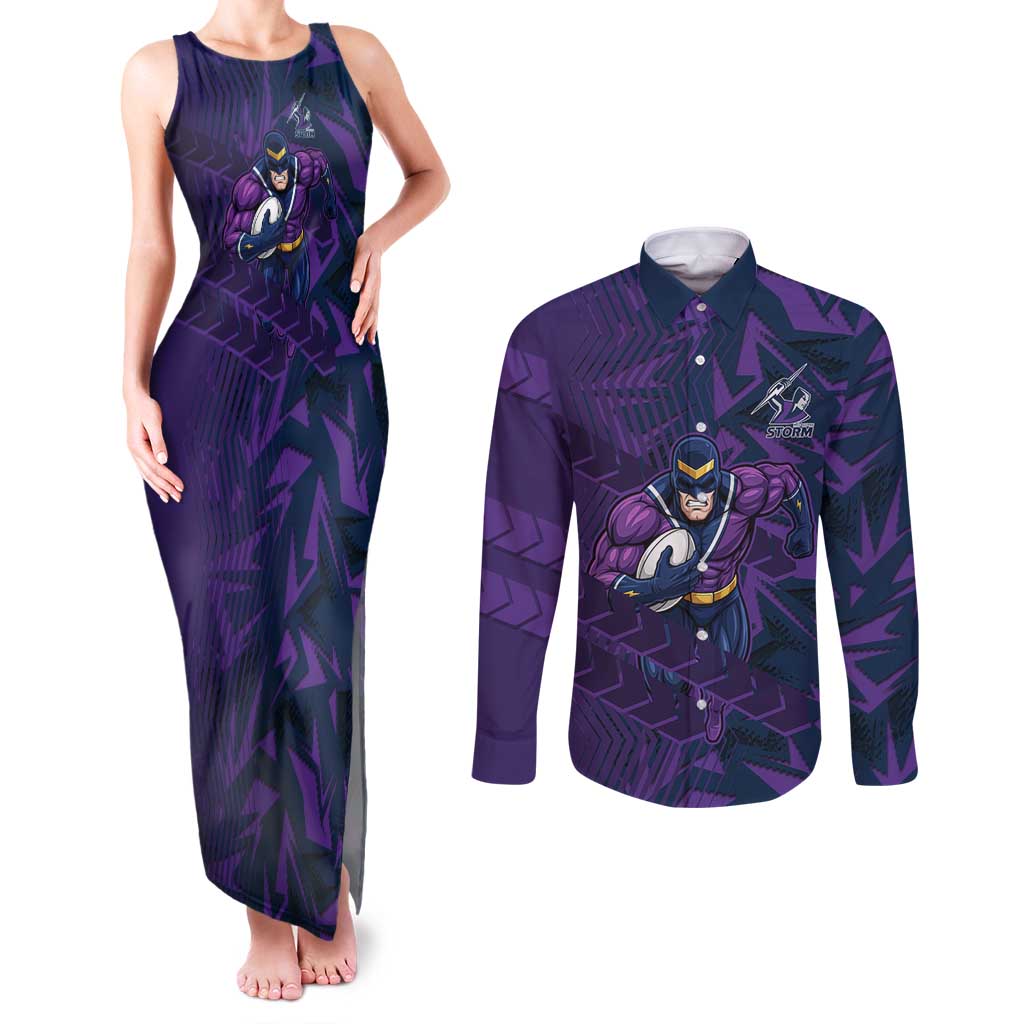 Melbourne Storm Rugby Couples Matching Tank Maxi Dress and Long Sleeve Button Shirt Fierce Mascot Geometric Tribal Art