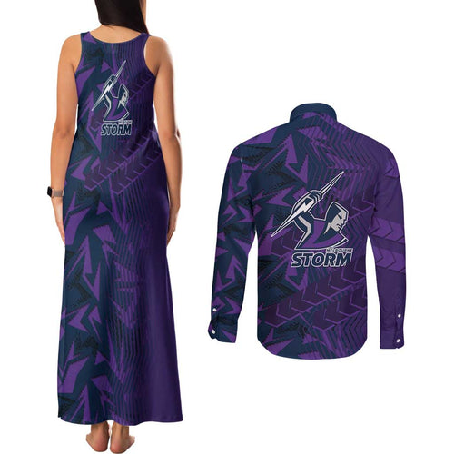 Melbourne Storm Rugby Couples Matching Tank Maxi Dress and Long Sleeve Button Shirt Fierce Mascot Geometric Tribal Art