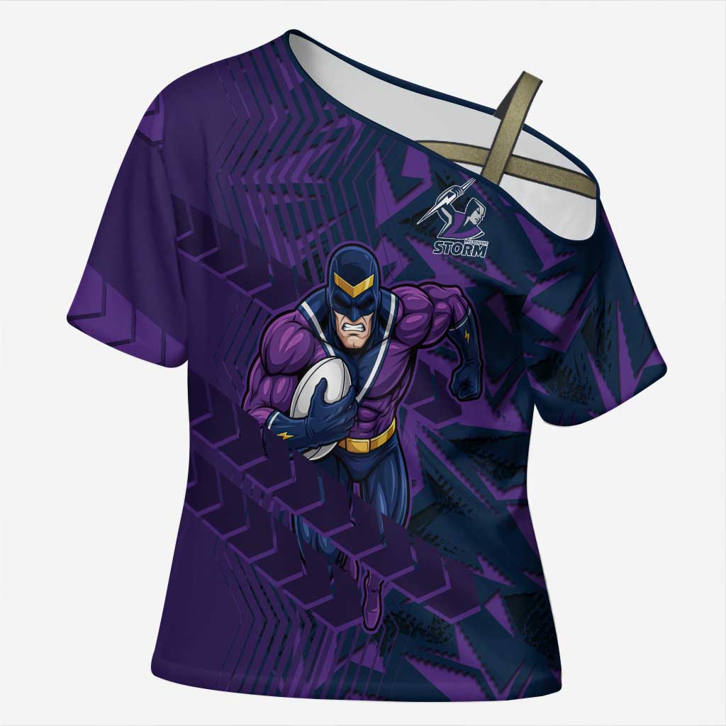 Melbourne Storm Rugby Cross Shoulder Shirt Fierce Mascot Geometric Tribal Art