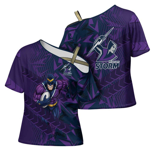 Melbourne Storm Rugby Cross Shoulder Shirt Fierce Mascot Geometric Tribal Art