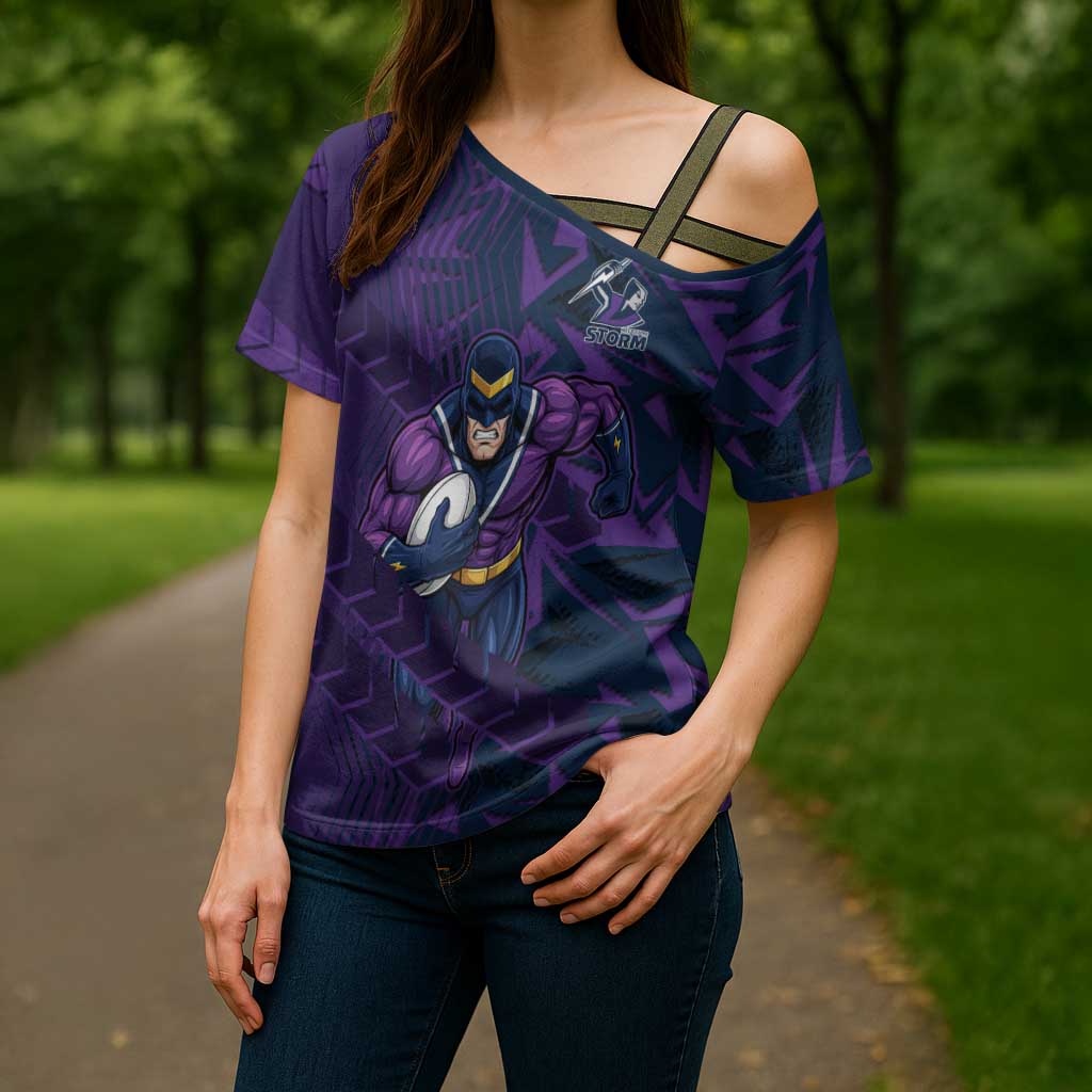 Melbourne Storm Rugby Cross Shoulder Shirt Fierce Mascot Geometric Tribal Art