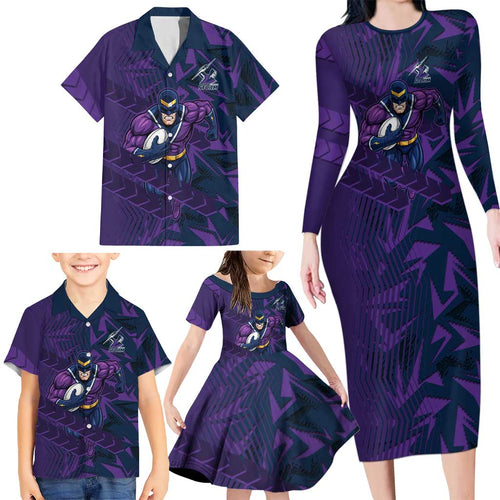 Melbourne Storm Rugby Family Matching Long Sleeve Bodycon Dress and Hawaiian Shirt Fierce Mascot Geometric Tribal Art
