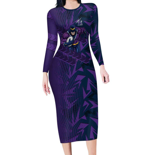 Melbourne Storm Rugby Family Matching Long Sleeve Bodycon Dress and Hawaiian Shirt Fierce Mascot Geometric Tribal Art