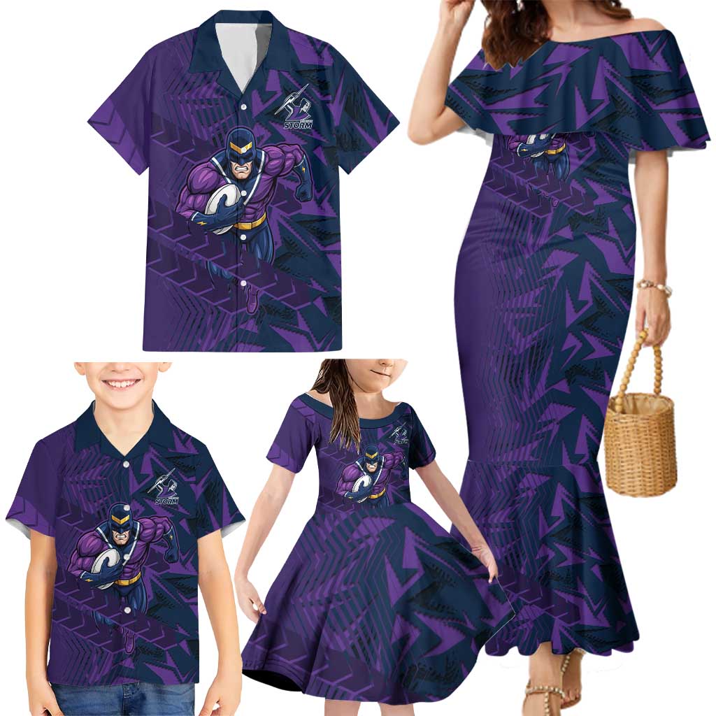 Melbourne Storm Rugby Family Matching Mermaid Dress and Hawaiian Shirt Fierce Mascot Geometric Tribal Art