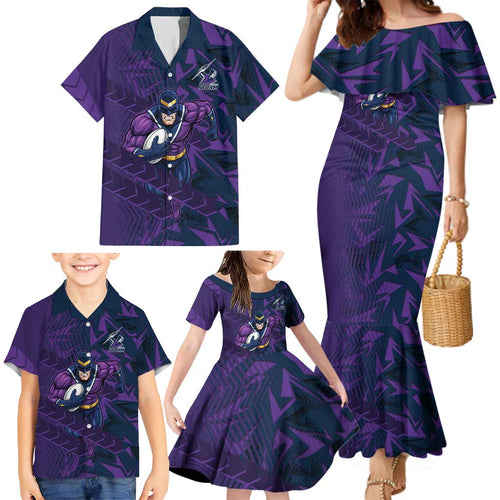 Melbourne Storm Rugby Family Matching Mermaid Dress and Hawaiian Shirt Fierce Mascot Geometric Tribal Art