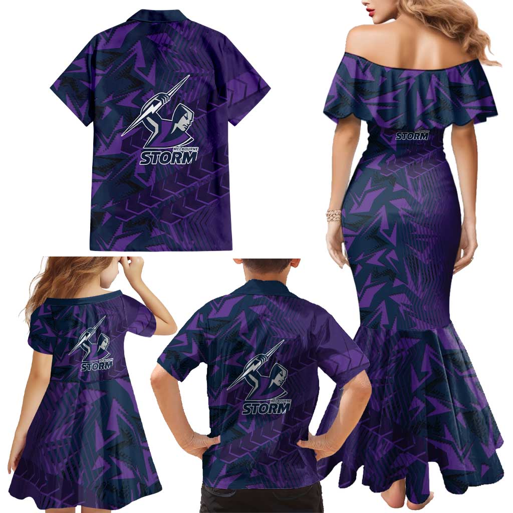 Melbourne Storm Rugby Family Matching Mermaid Dress and Hawaiian Shirt Fierce Mascot Geometric Tribal Art