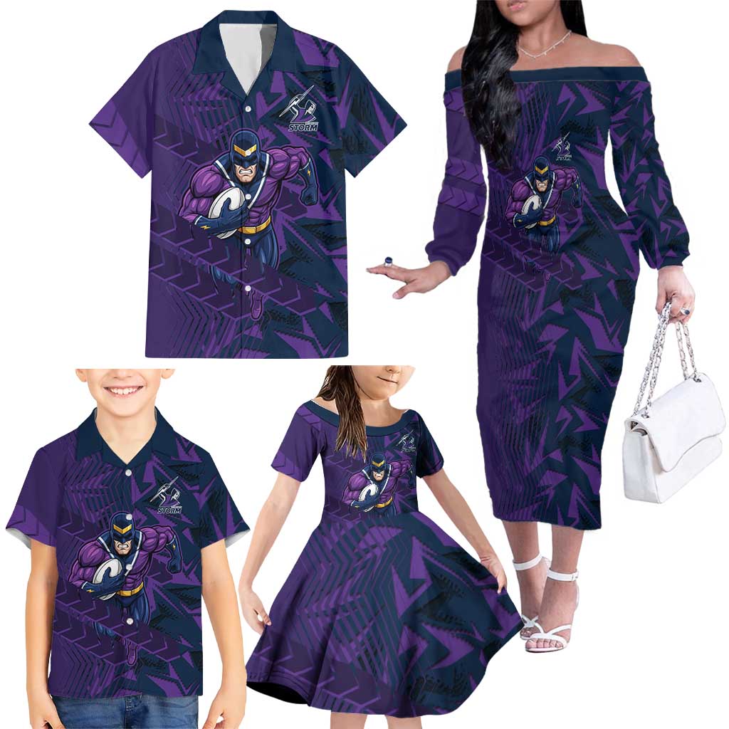 Melbourne Storm Rugby Family Matching Off The Shoulder Long Sleeve Dress and Hawaiian Shirt Fierce Mascot Geometric Tribal Art