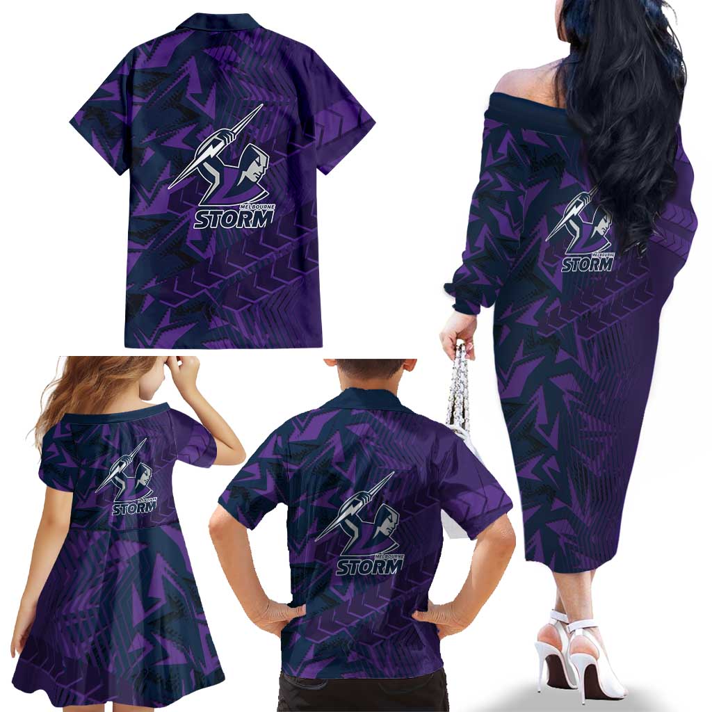 Melbourne Storm Rugby Family Matching Off The Shoulder Long Sleeve Dress and Hawaiian Shirt Fierce Mascot Geometric Tribal Art