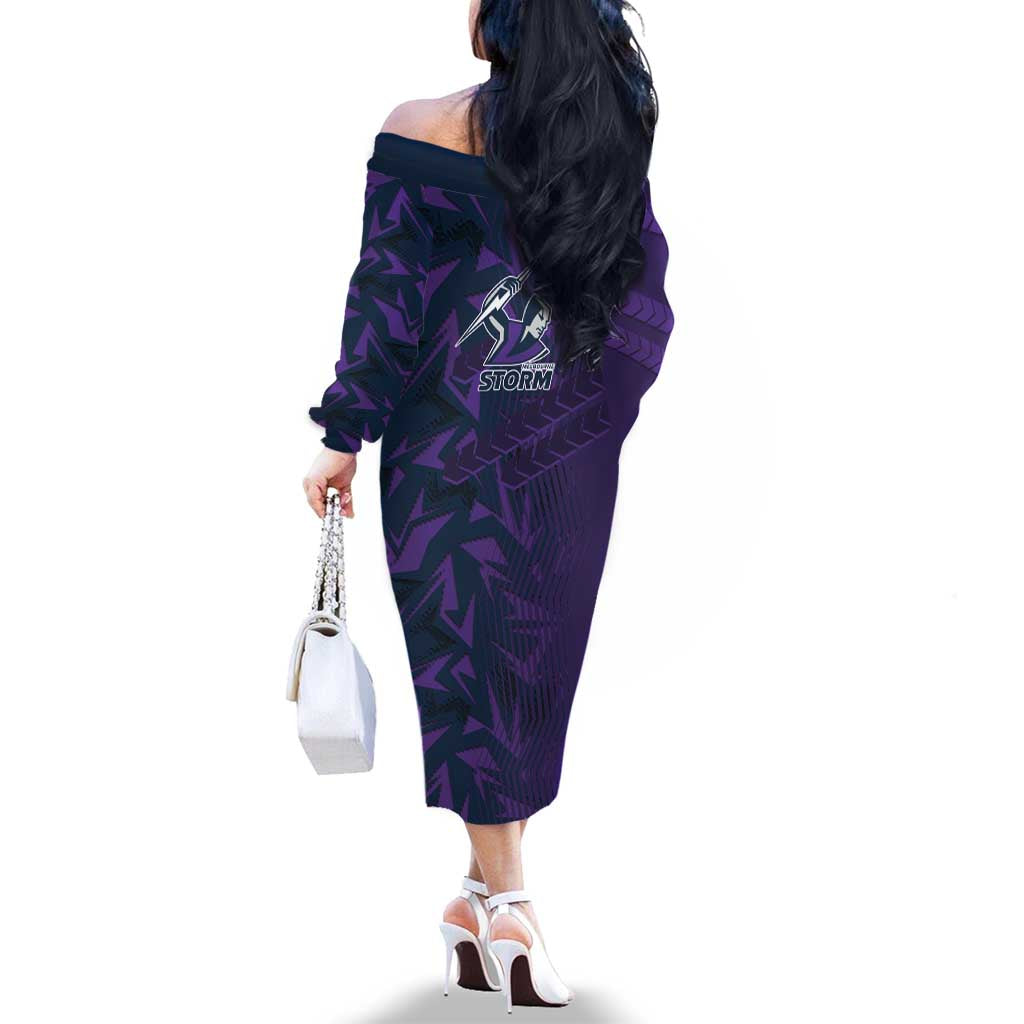 Melbourne Storm Rugby Family Matching Off The Shoulder Long Sleeve Dress and Hawaiian Shirt Fierce Mascot Geometric Tribal Art