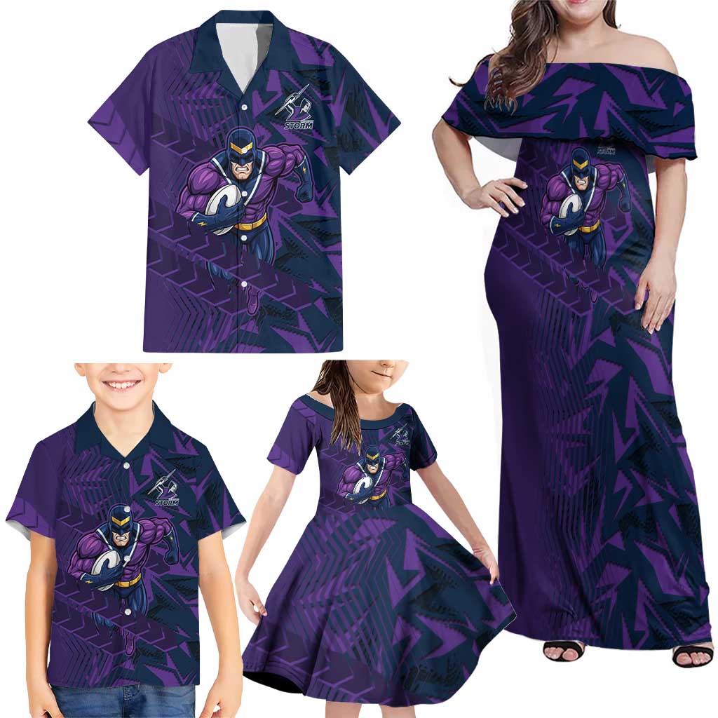 Melbourne Storm Rugby Family Matching Off Shoulder Maxi Dress and Hawaiian Shirt Fierce Mascot Geometric Tribal Art