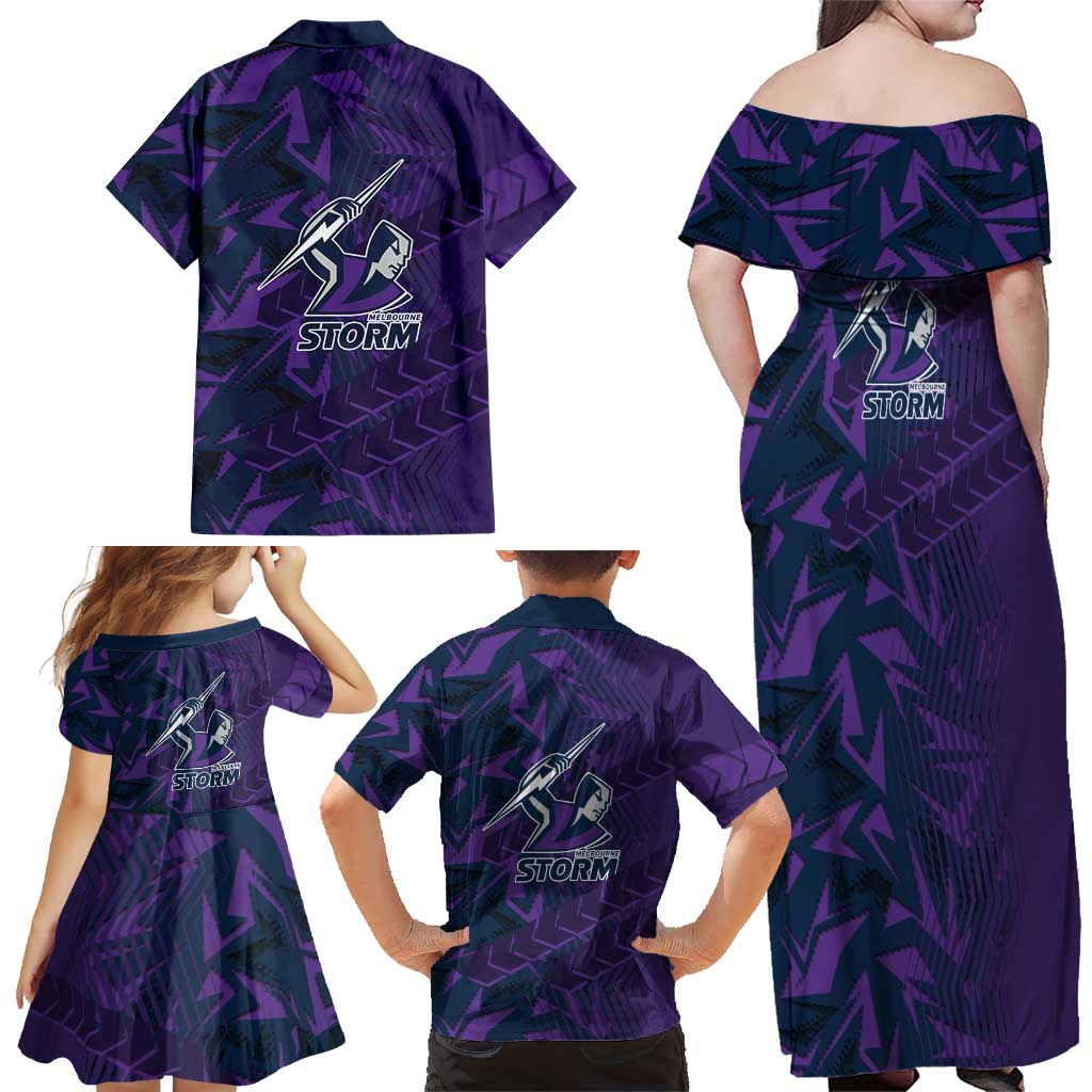 Melbourne Storm Rugby Family Matching Off Shoulder Maxi Dress and Hawaiian Shirt Fierce Mascot Geometric Tribal Art