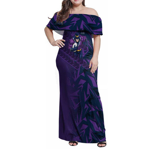 Melbourne Storm Rugby Family Matching Off Shoulder Maxi Dress and Hawaiian Shirt Fierce Mascot Geometric Tribal Art