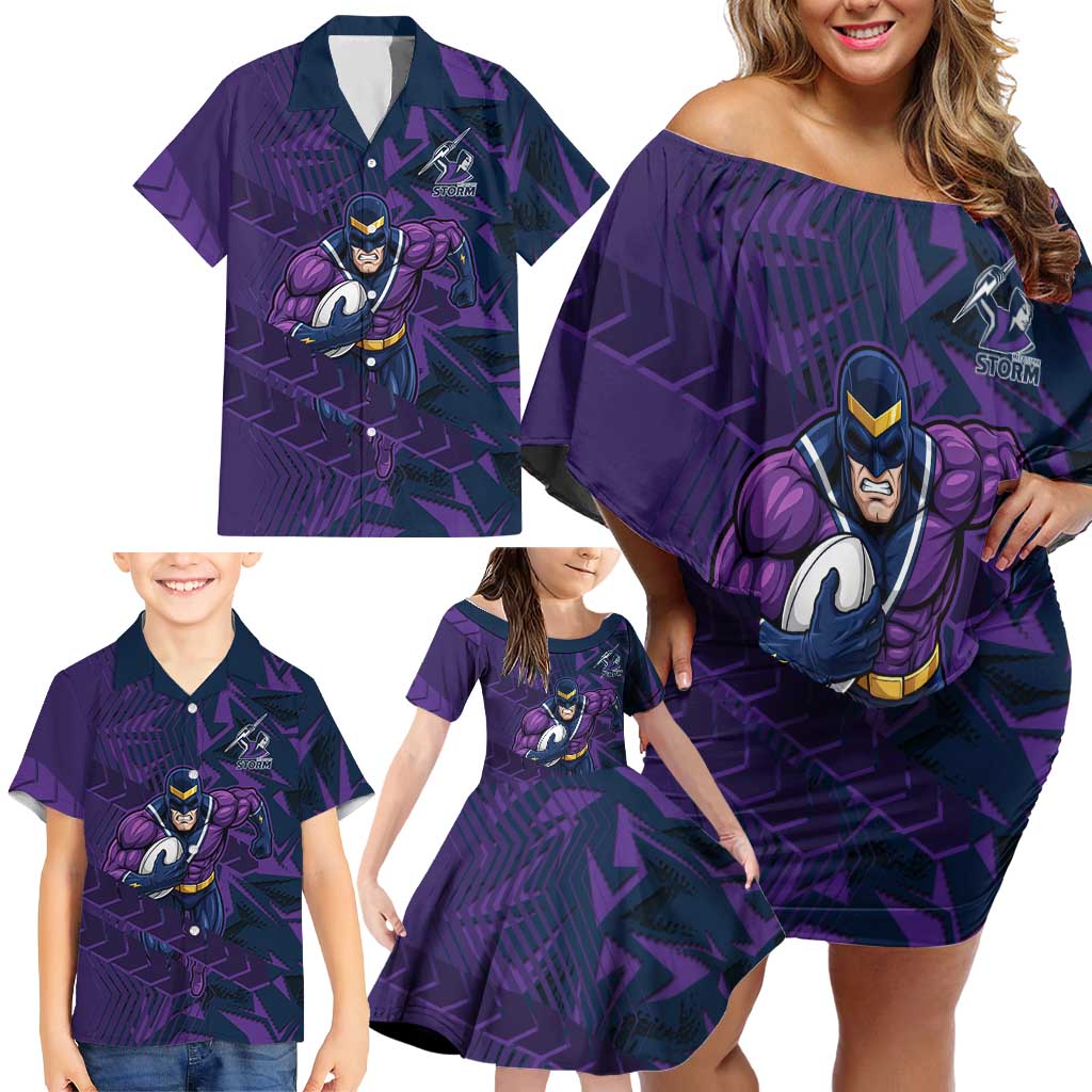 Melbourne Storm Rugby Family Matching Off Shoulder Short Dress and Hawaiian Shirt Fierce Mascot Geometric Tribal Art