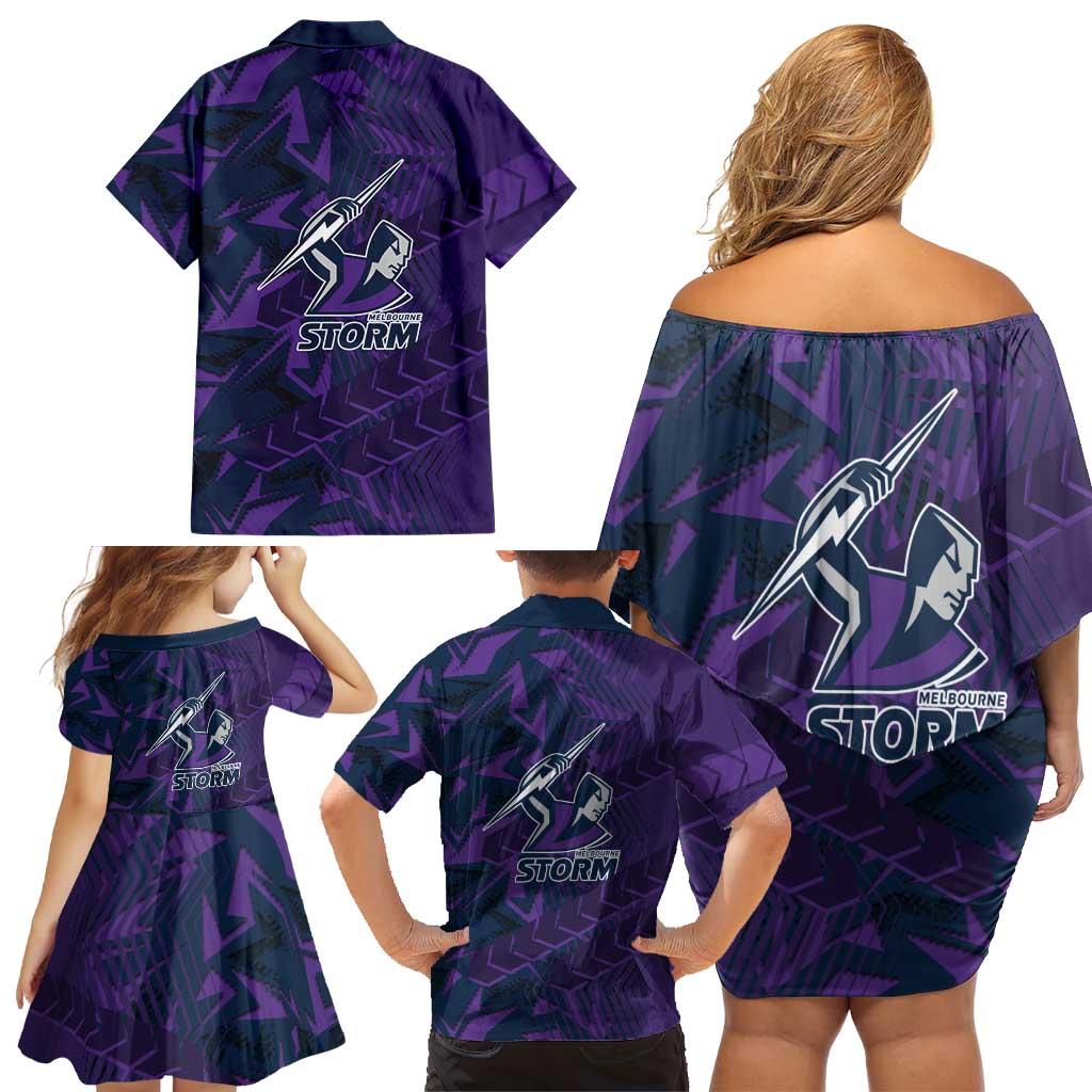 Melbourne Storm Rugby Family Matching Off Shoulder Short Dress and Hawaiian Shirt Fierce Mascot Geometric Tribal Art