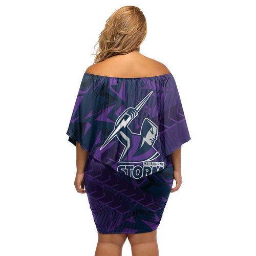 Melbourne Storm Rugby Family Matching Off Shoulder Short Dress and Hawaiian Shirt Fierce Mascot Geometric Tribal Art