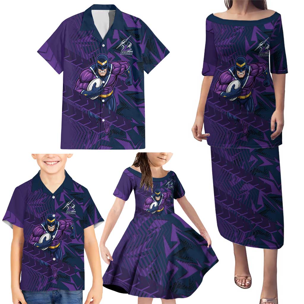 Melbourne Storm Rugby Family Matching Puletasi and Hawaiian Shirt Fierce Mascot Geometric Tribal Art