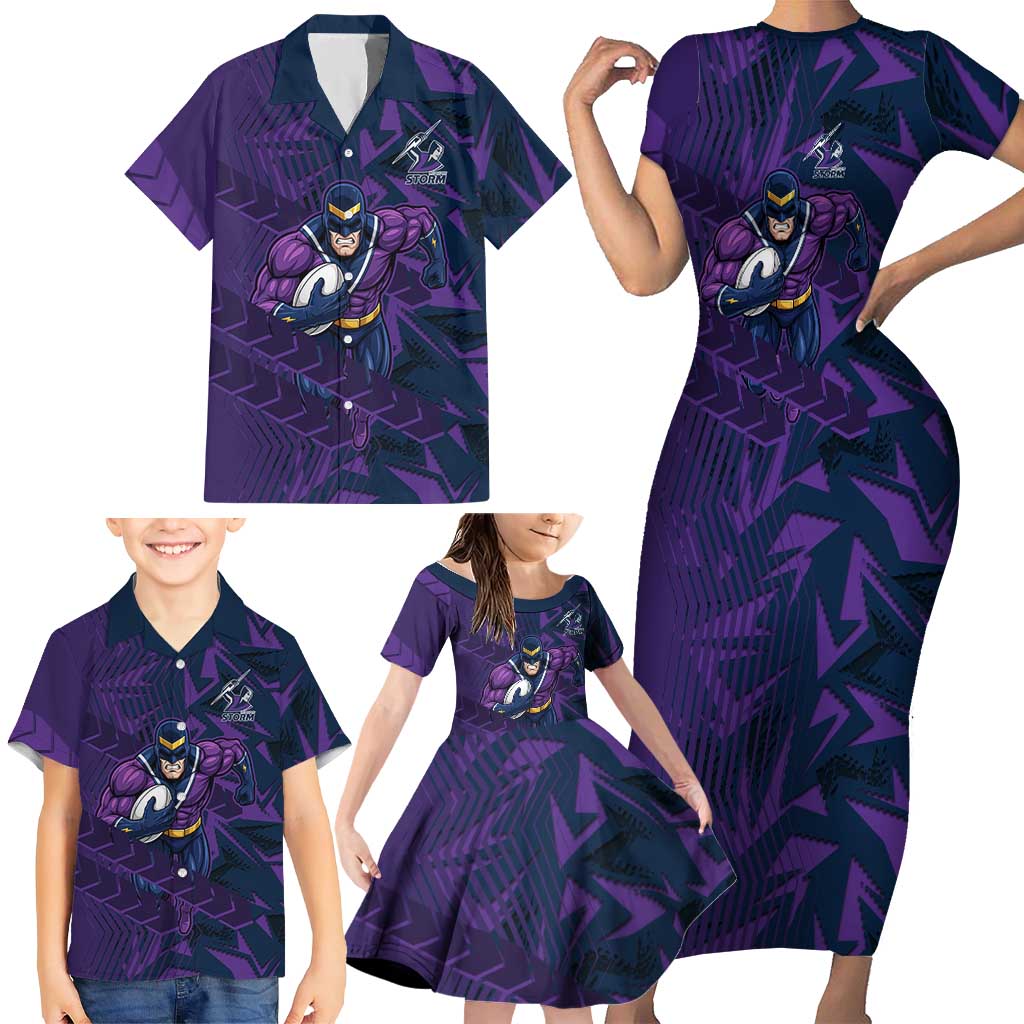 Melbourne Storm Rugby Family Matching Short Sleeve Bodycon Dress and Hawaiian Shirt Fierce Mascot Geometric Tribal Art