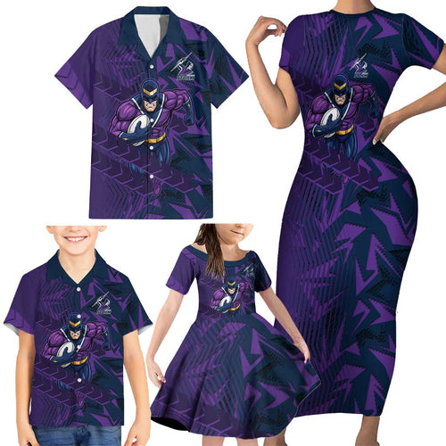 Melbourne Storm Rugby Family Matching Short Sleeve Bodycon Dress and Hawaiian Shirt Fierce Mascot Geometric Tribal Art