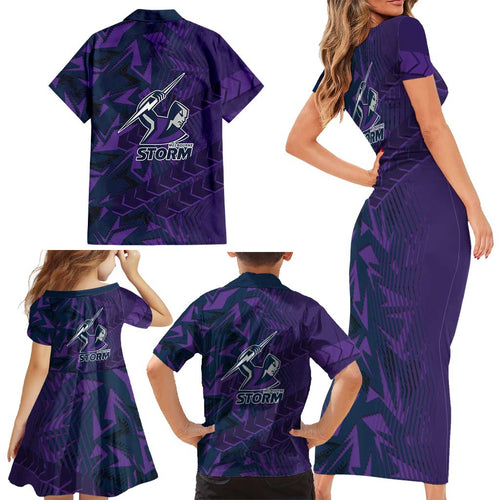 Melbourne Storm Rugby Family Matching Short Sleeve Bodycon Dress and Hawaiian Shirt Fierce Mascot Geometric Tribal Art