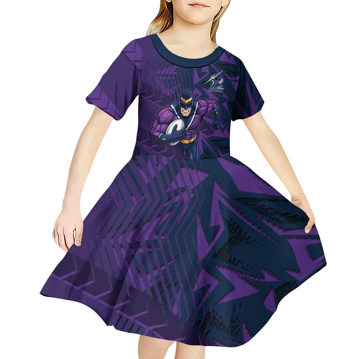Melbourne Storm Rugby Kid Short Sleeve Dress Fierce Mascot Geometric Tribal Art