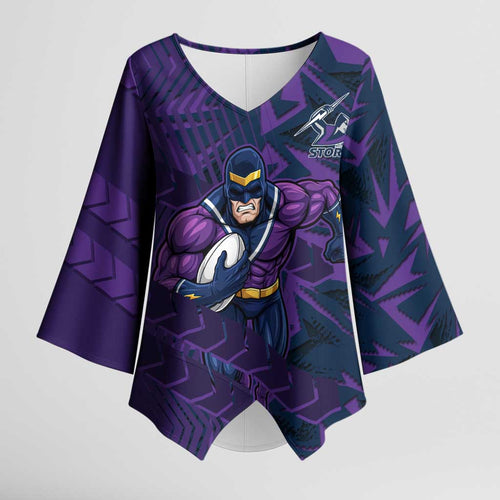Melbourne Storm Rugby Kimono Sleeve Blouse Fierce Mascot Geometric Tribal Art