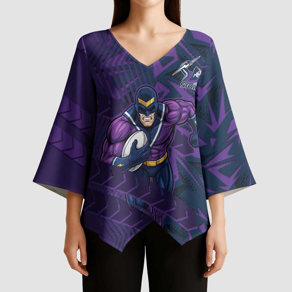 Melbourne Storm Rugby Kimono Sleeve Blouse Fierce Mascot Geometric Tribal Art