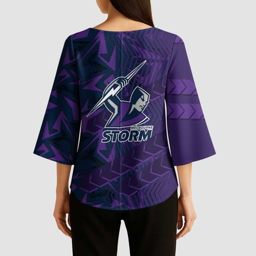 Melbourne Storm Rugby Kimono Sleeve Blouse Fierce Mascot Geometric Tribal Art