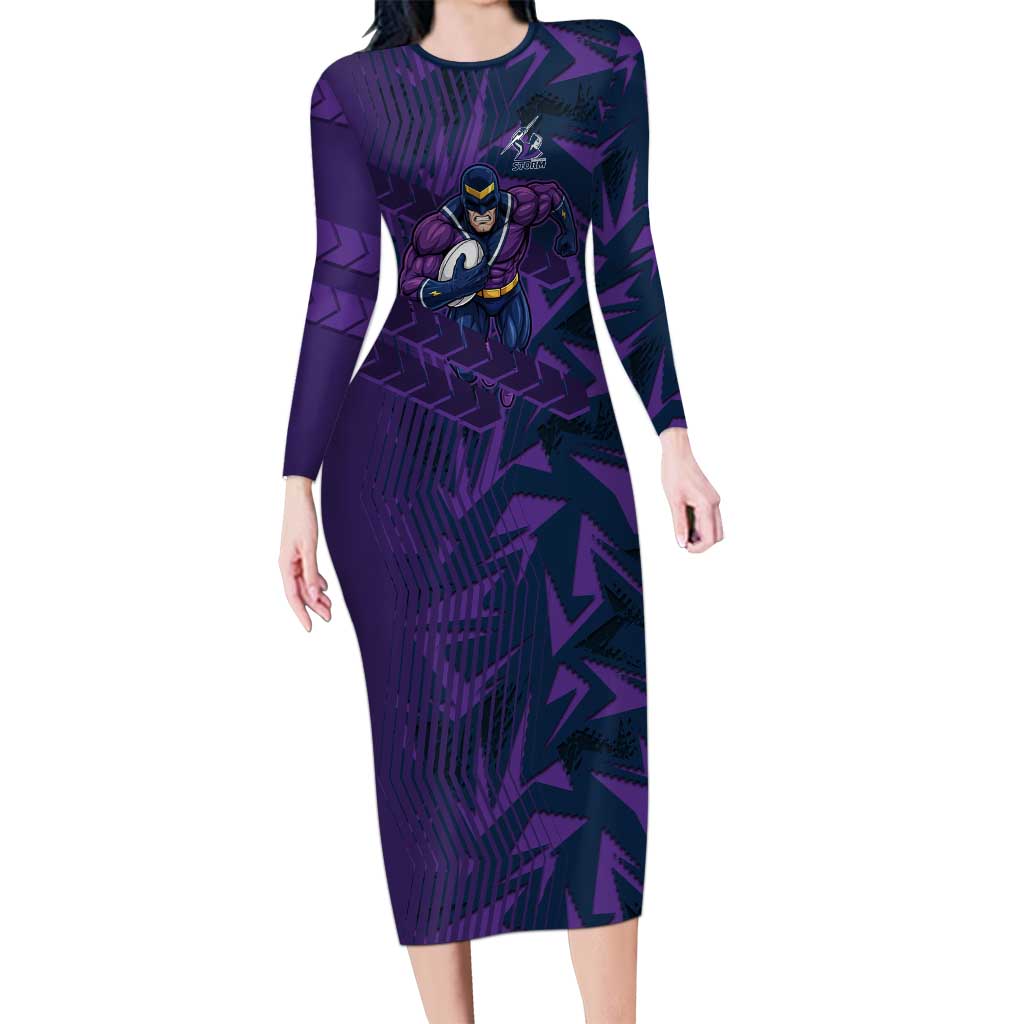 Melbourne Storm Rugby Long Sleeve Bodycon Dress Fierce Mascot Geometric Tribal Art