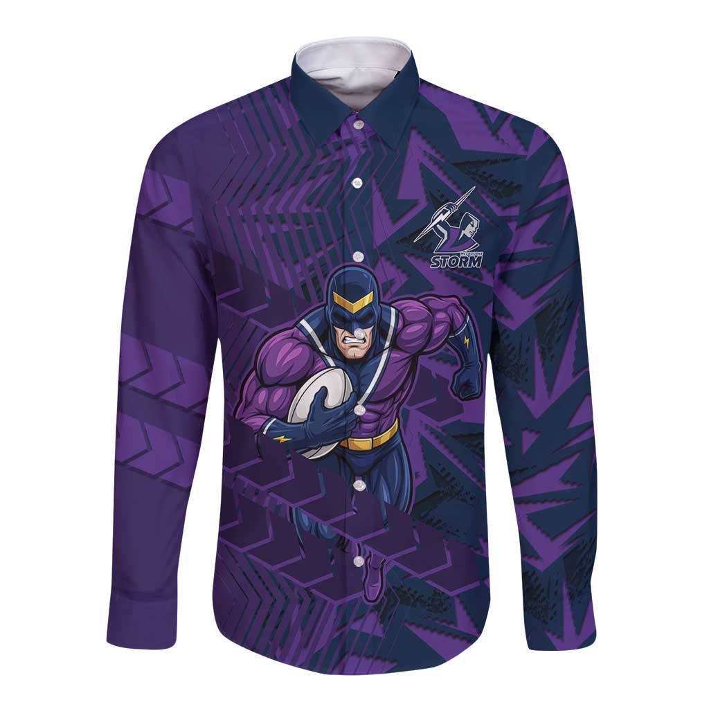 Melbourne Storm Rugby Long Sleeve Button Shirt Fierce Mascot Geometric Tribal Art