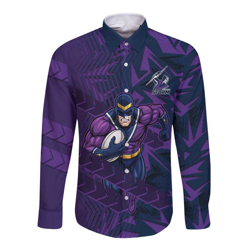 Melbourne Storm Rugby Long Sleeve Button Shirt Fierce Mascot Geometric Tribal Art