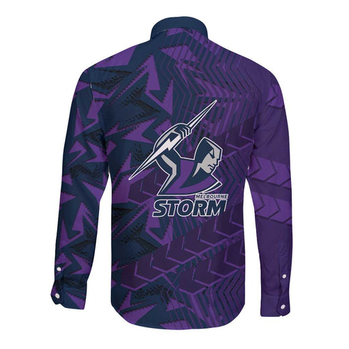 Melbourne Storm Rugby Long Sleeve Button Shirt Fierce Mascot Geometric Tribal Art